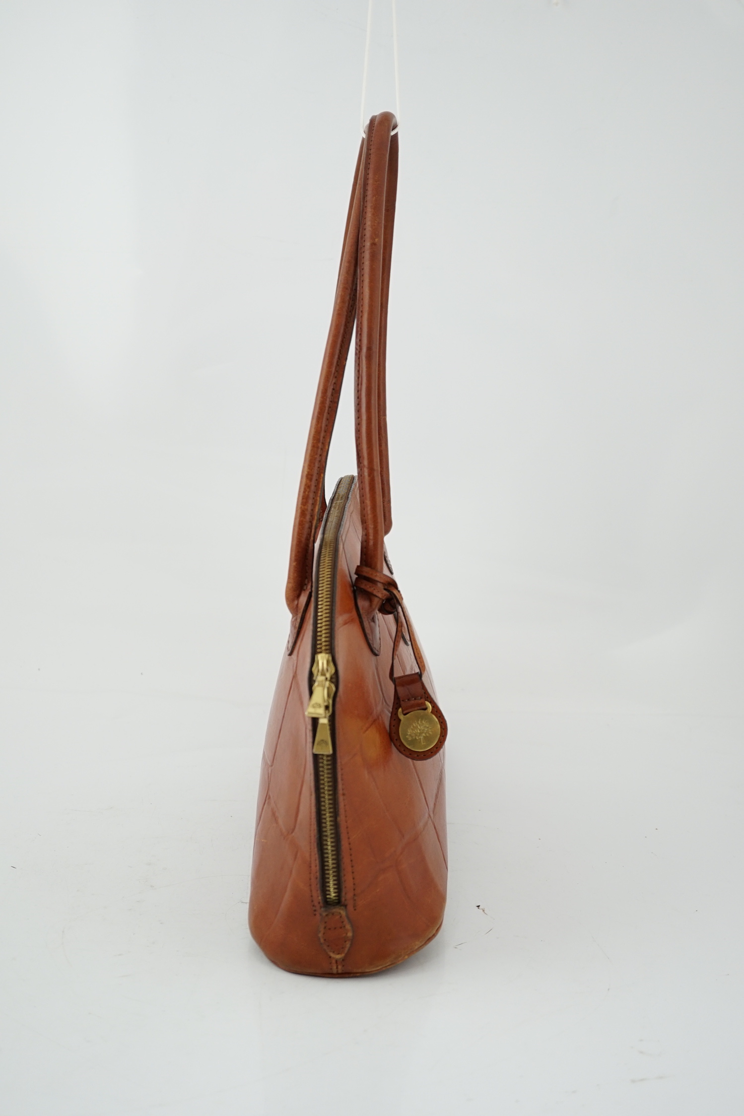 A vintage Mulberry Breton red mock crocodile leather shoulder bag, height 22cm, height to handle 46cm, width 39cm, depth 12cm